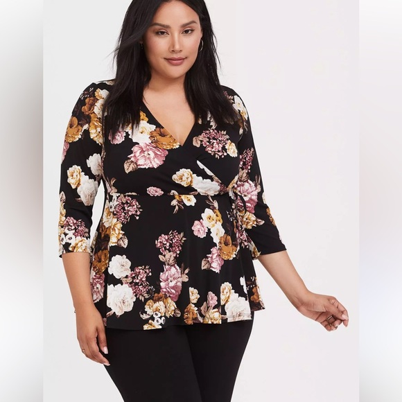 Torrid Black and Pink Floral Wrap Blouse - Picture 1 of 5